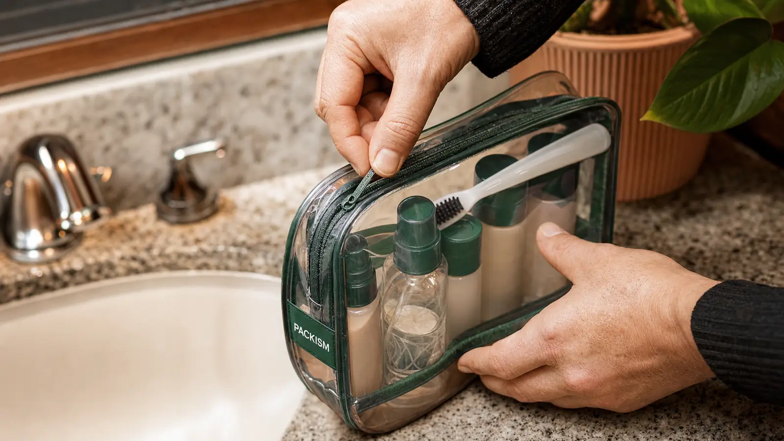 Hand zipping closed a clear PVC toiletry bag packed with travel-size bottles on a hotel bathroom counter