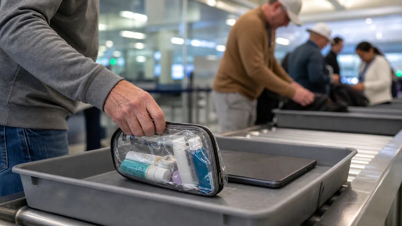 Traveler unzipping a clear quart-sized toiletry bag at an airport security checkpoint tray