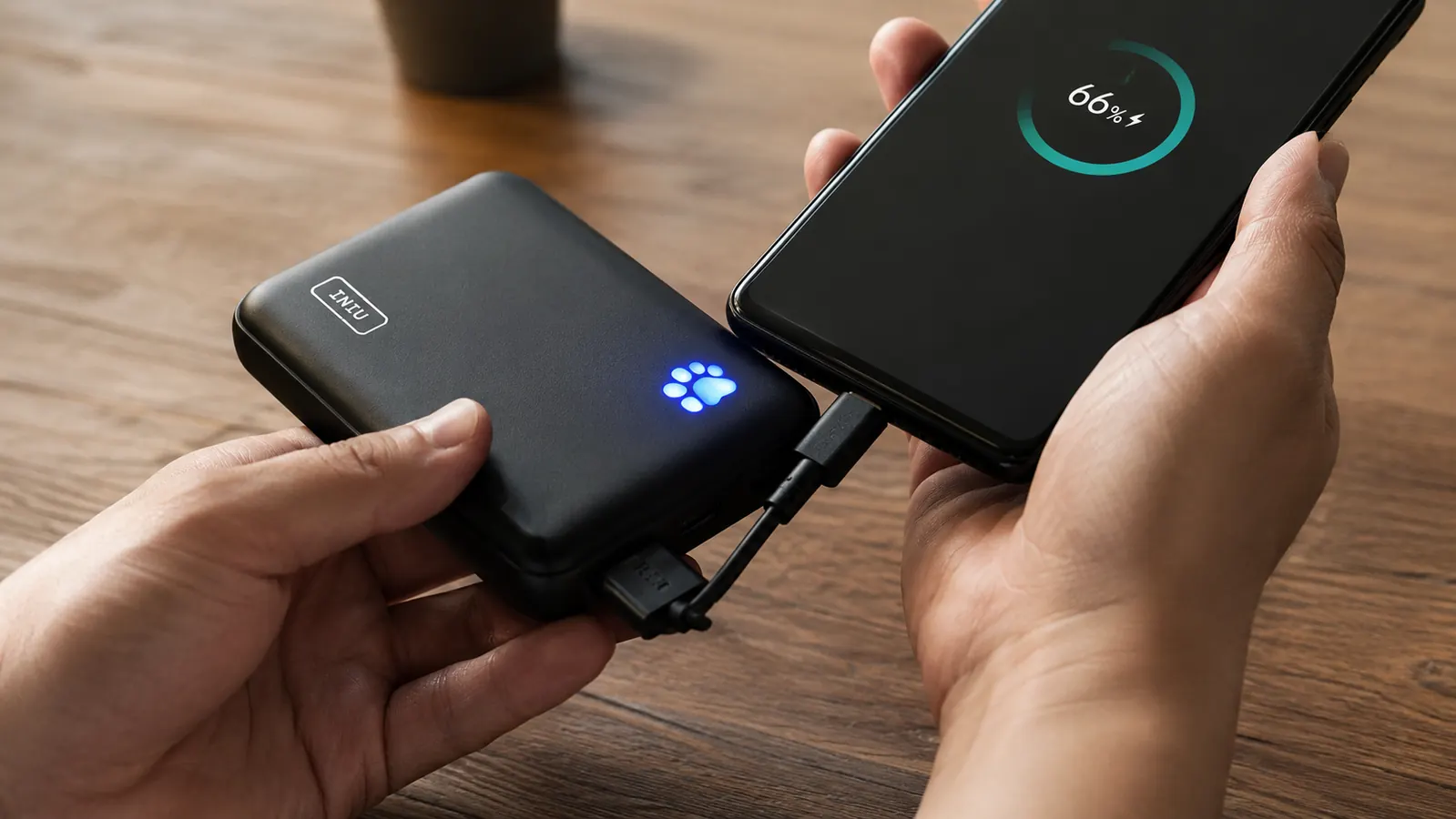 Hand plugging a USB-C cable into a compact black portable charger to fast charge a phone