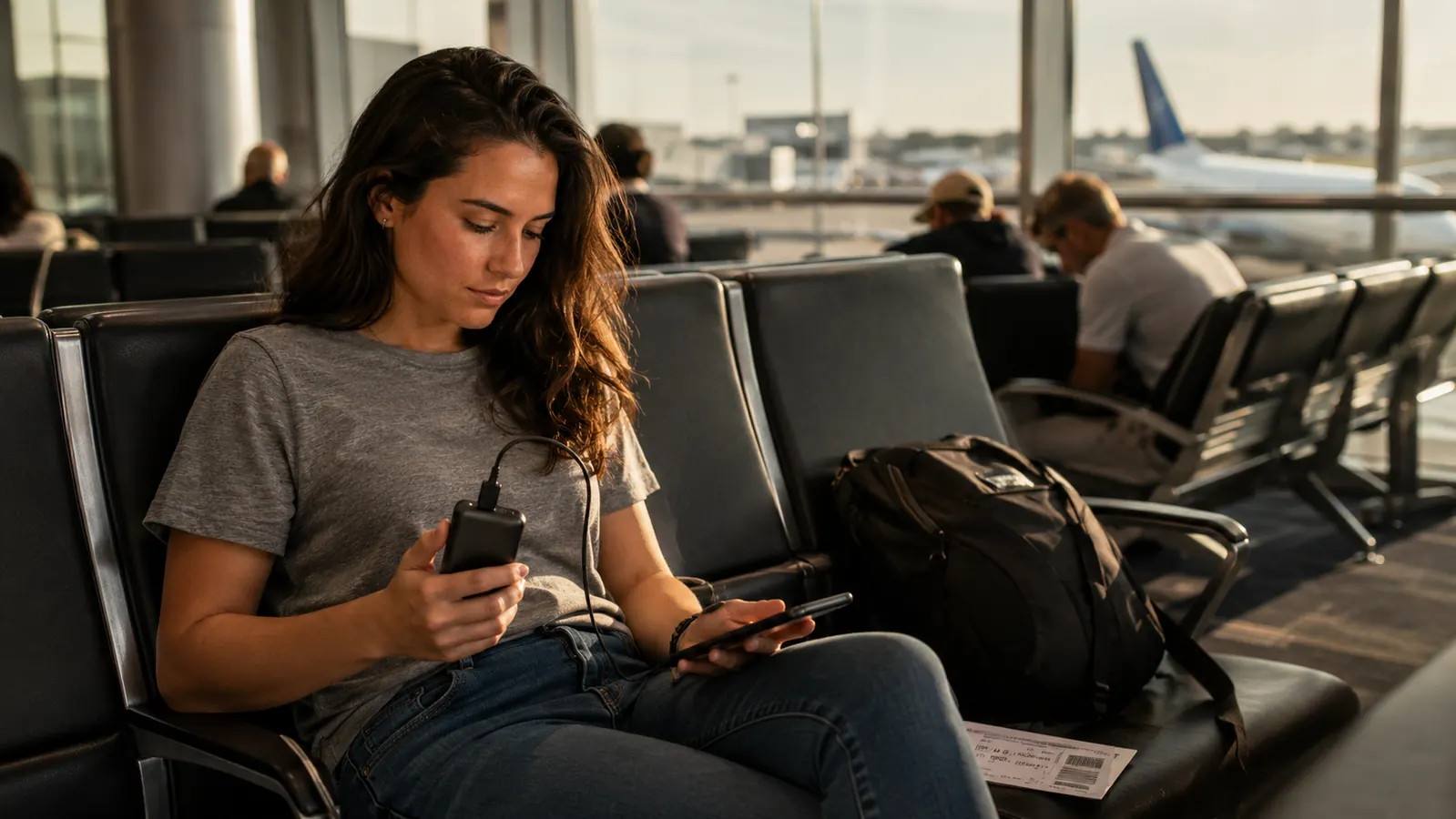 Traveler holding a small black portable charger at an airport gate next to a phone charging cable