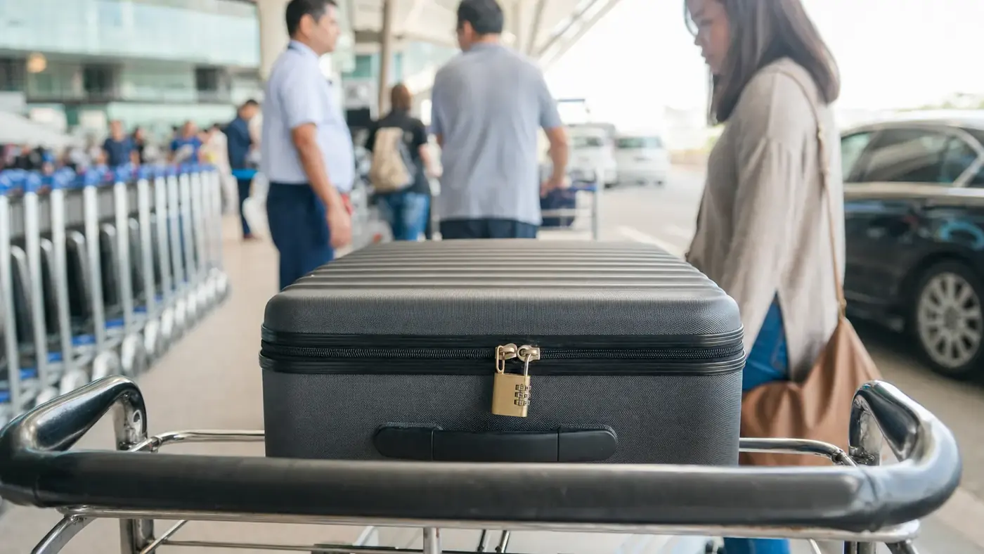 Checked suitcase at an airport curb with a small combination lock clipped through the main zipper pulls