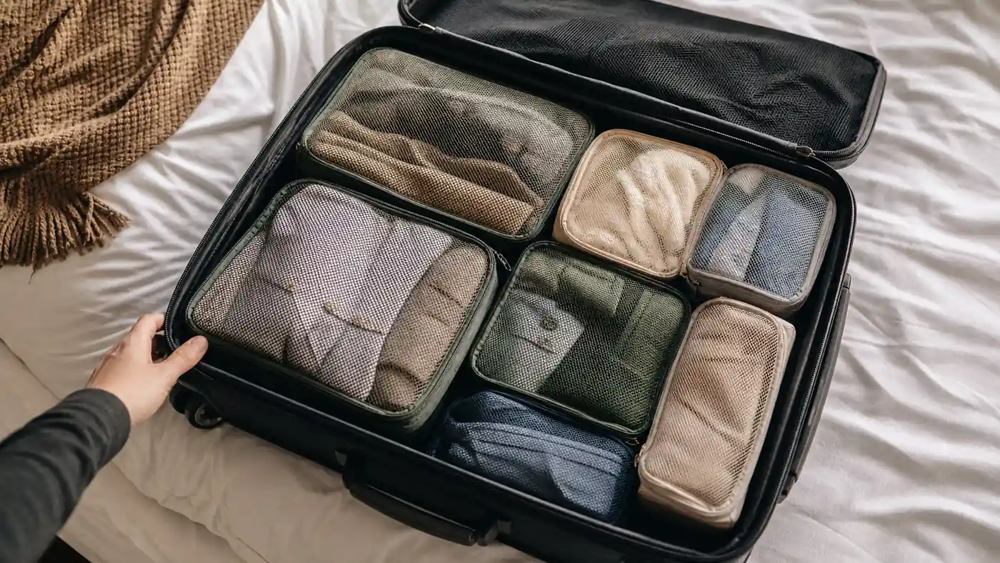 Open suitcase packed neatly with a full set of mesh packing cubes organized by category
