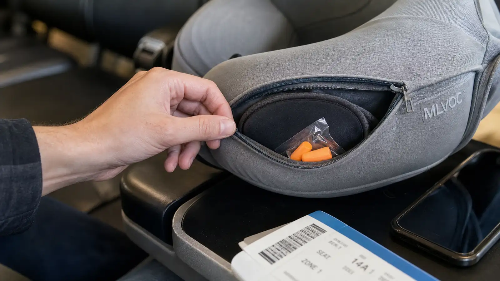 Hand unzipping the MLVOC travel pillow pouch showing the eye mask and earplugs tucked inside