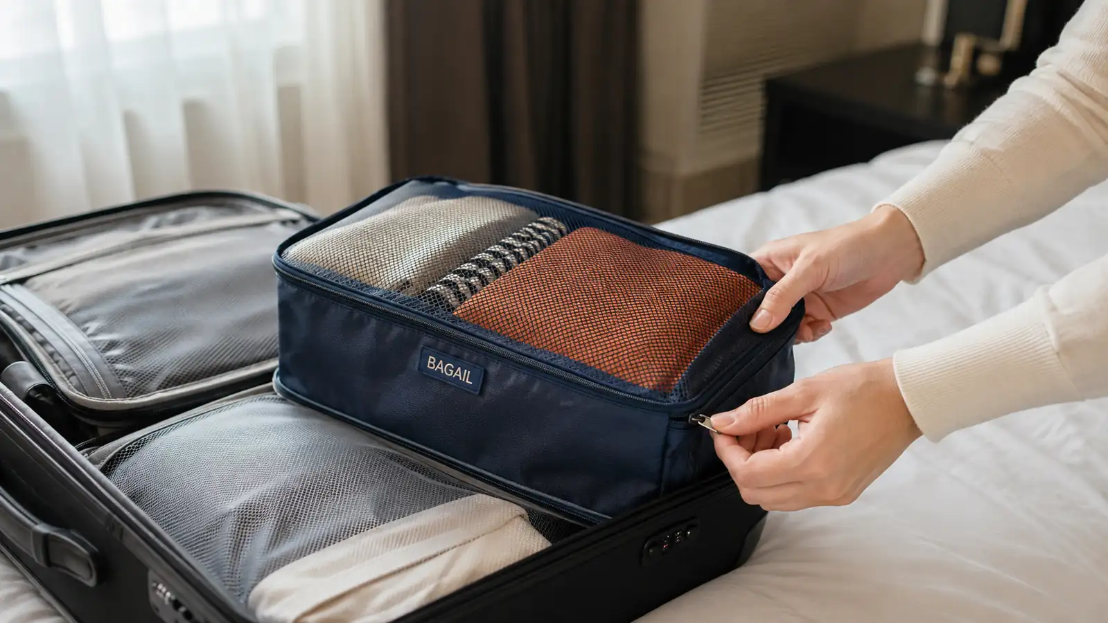 Hand zipping a BAGAIL packing cube filled with folded shirts inside an open carry-on suitcase