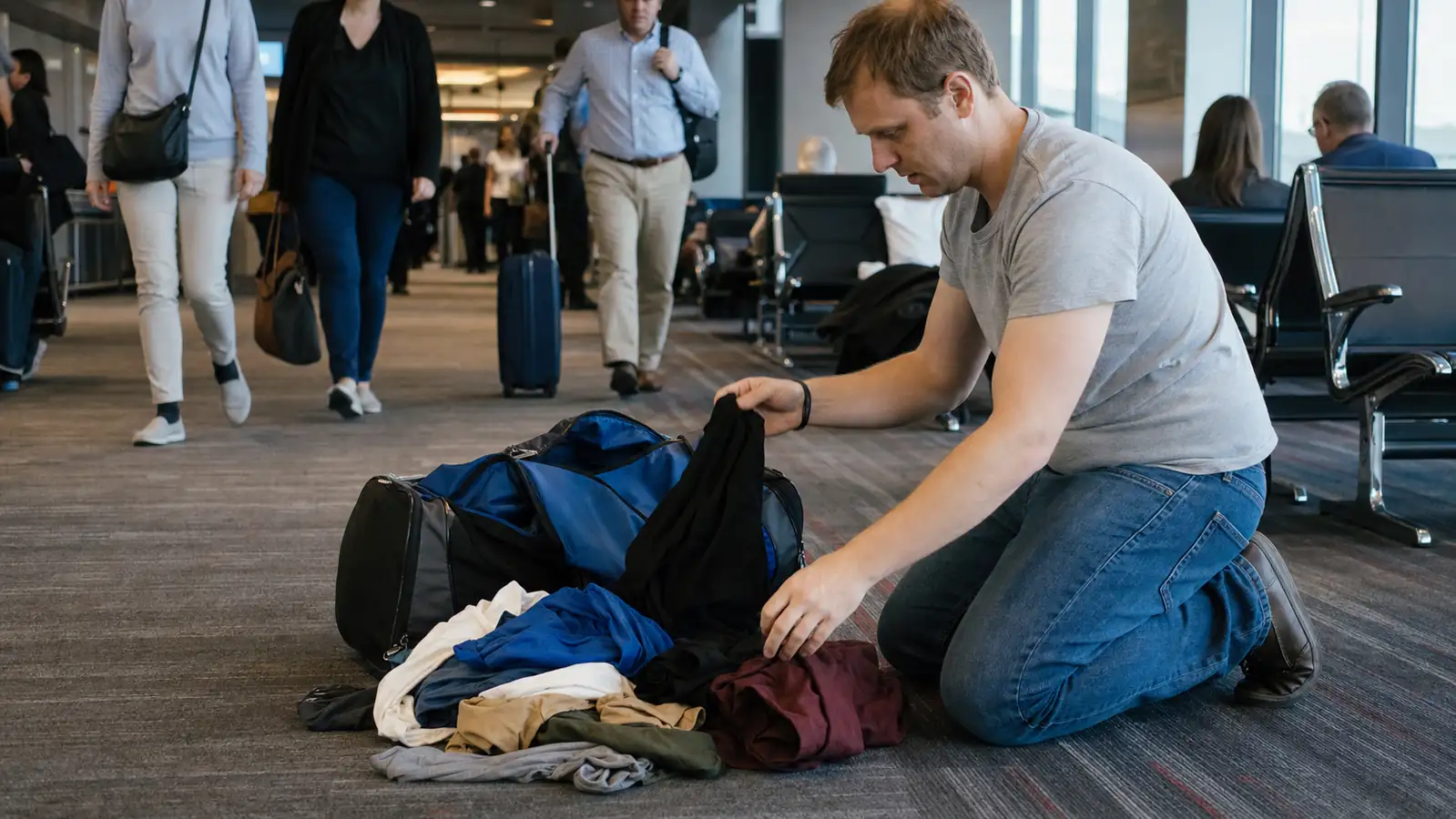 Travel clothes and a phone charger spilled across an airport terminal floor next to a torn duffel bag