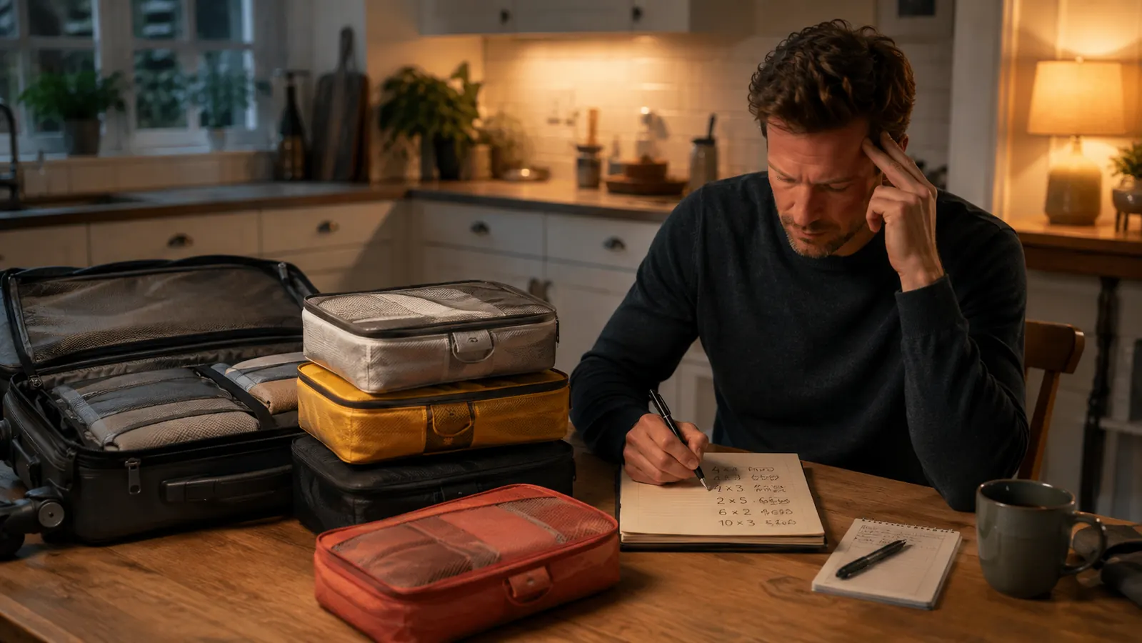 Traveler at a kitchen table doing math on a notepad next to a stack of packed mesh packing cubes and an open suitcase