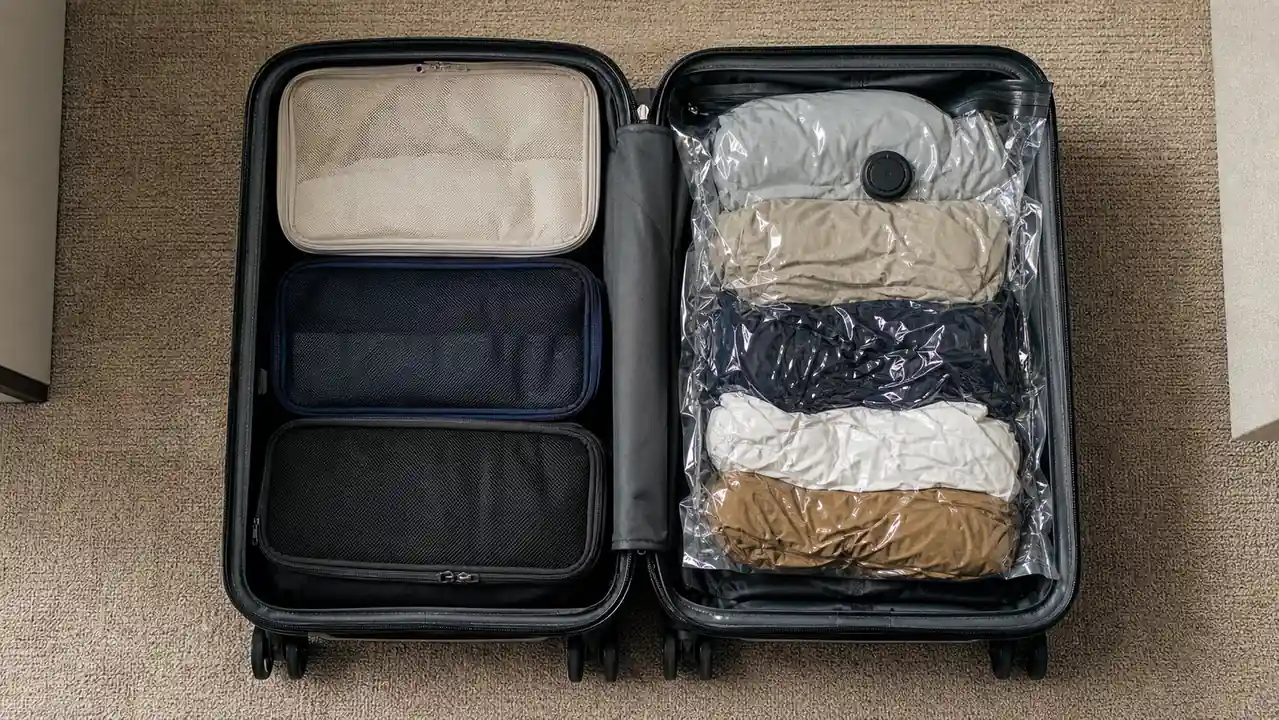 Open carry-on suitcase with packing cubes on one side and a rolled compression bag on the other, both partially loaded with clothes