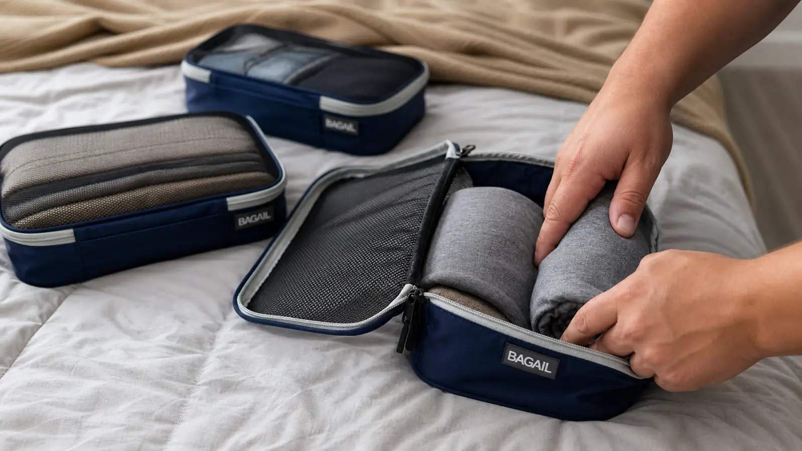 Hands rolling a folded t-shirt before placing it into a packing cube
