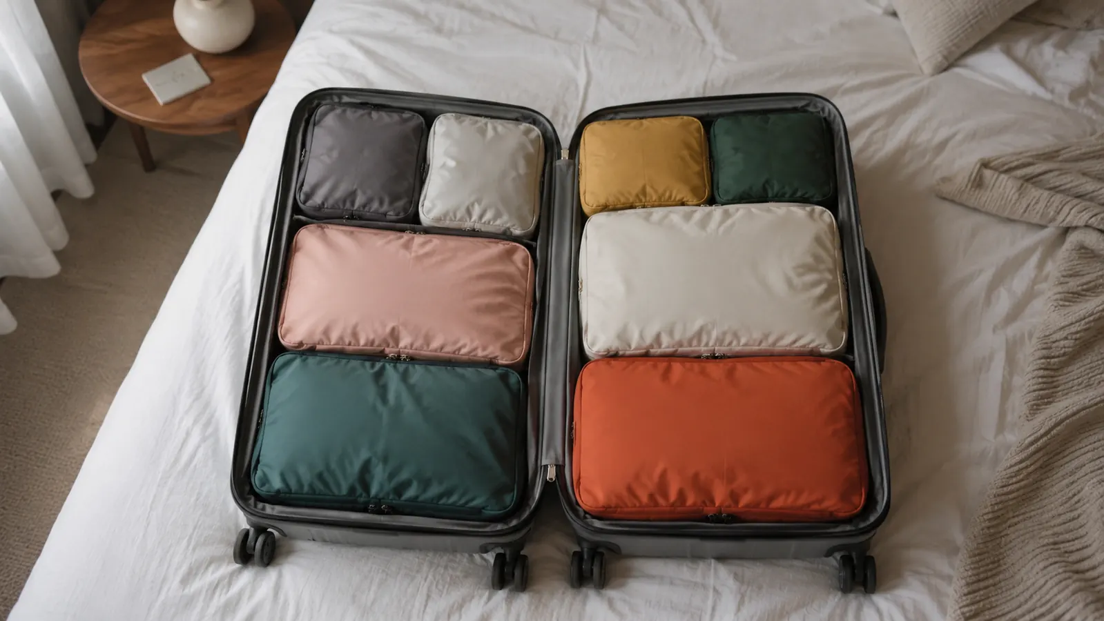 Open 22-inch carry-on suitcase packed neatly with colorful packing cubes filling every section