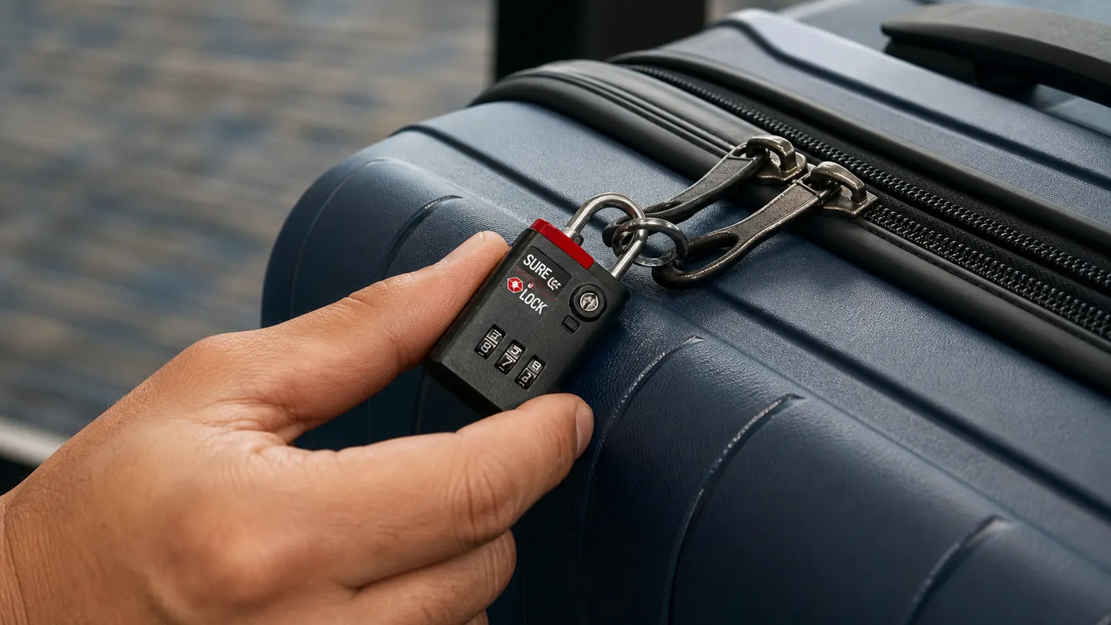 Hand looping a SURE LOCK combination lock through both zipper pulls of a checked suitcase