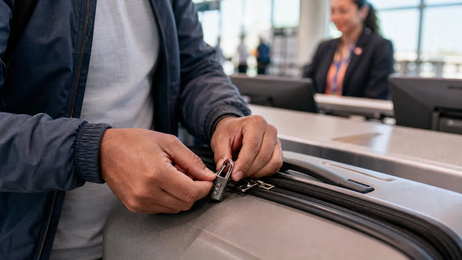 Traveler locking a checked suitcase zipper at an airport check-in counter before handing it to the agent