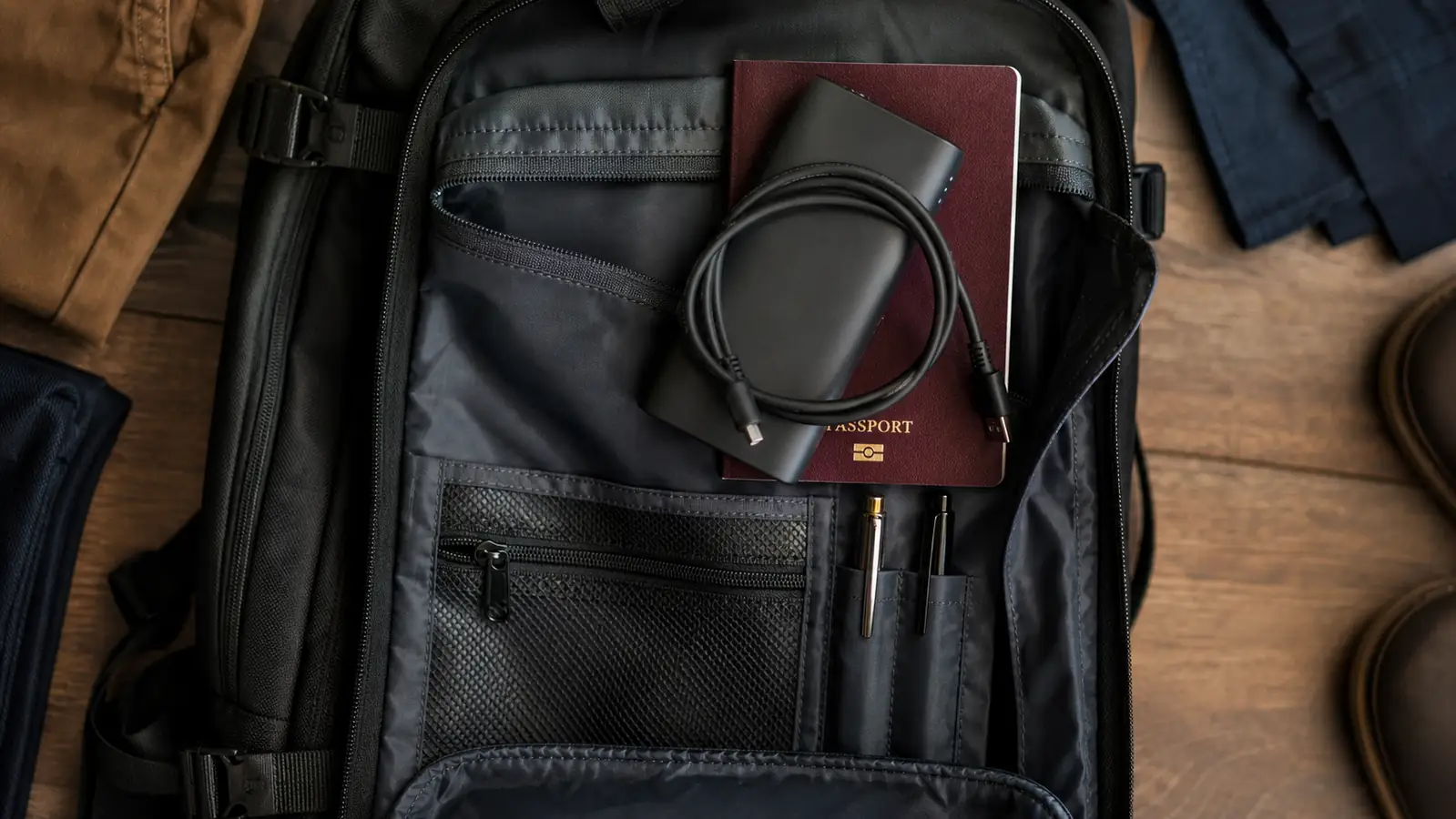 Small black portable charger tucked into the outer pocket of a packed travel backpack next to a passport