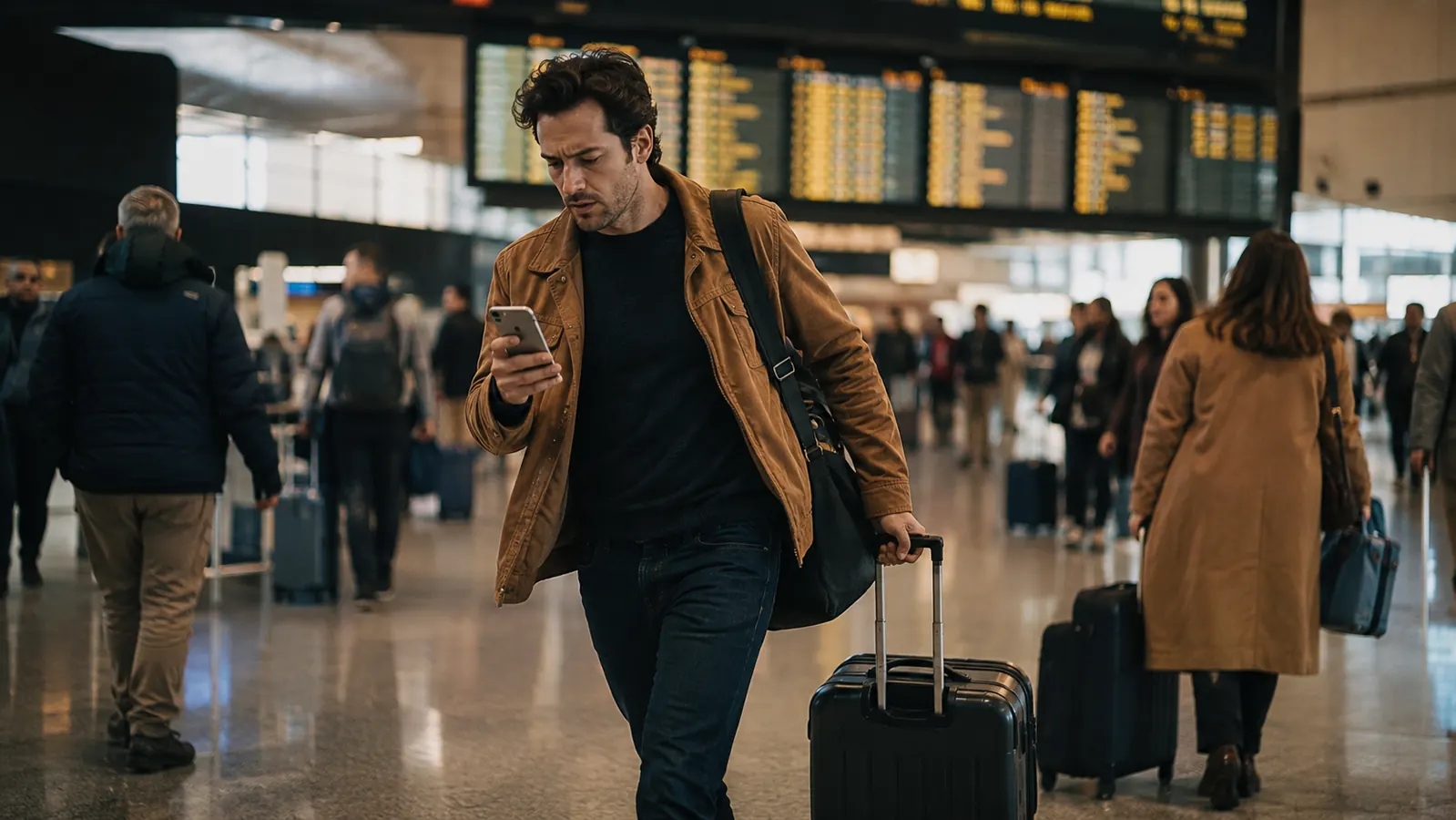 Traveler jogging through a crowded airport terminal checking a phone with a low battery icon