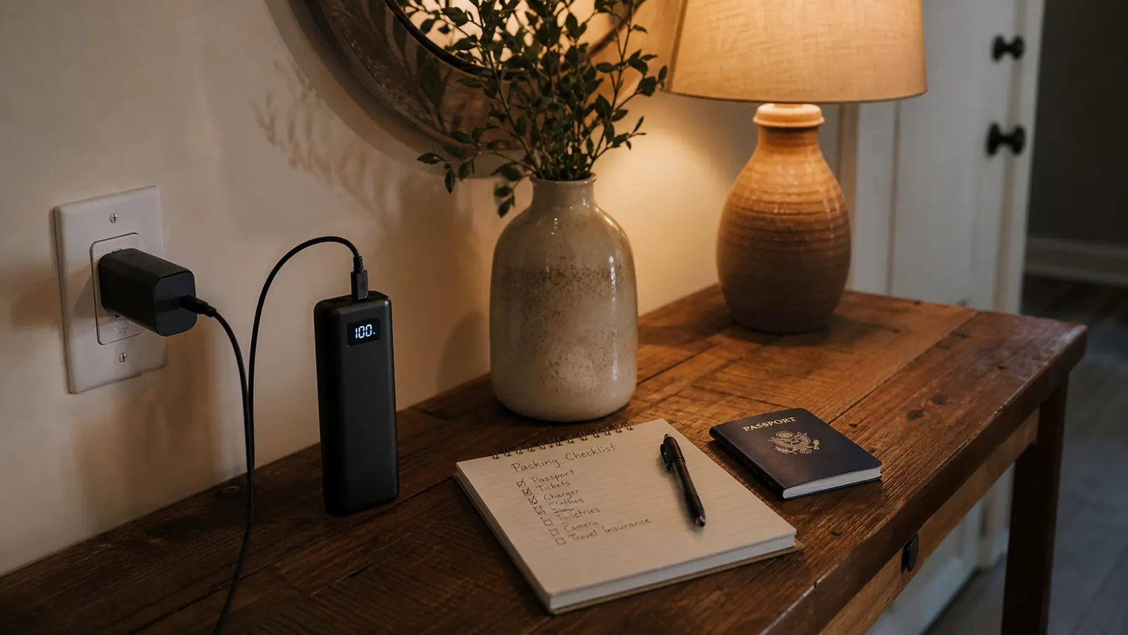 Portable charger plugged in on an entryway table the night before a trip, next to a packing checklist