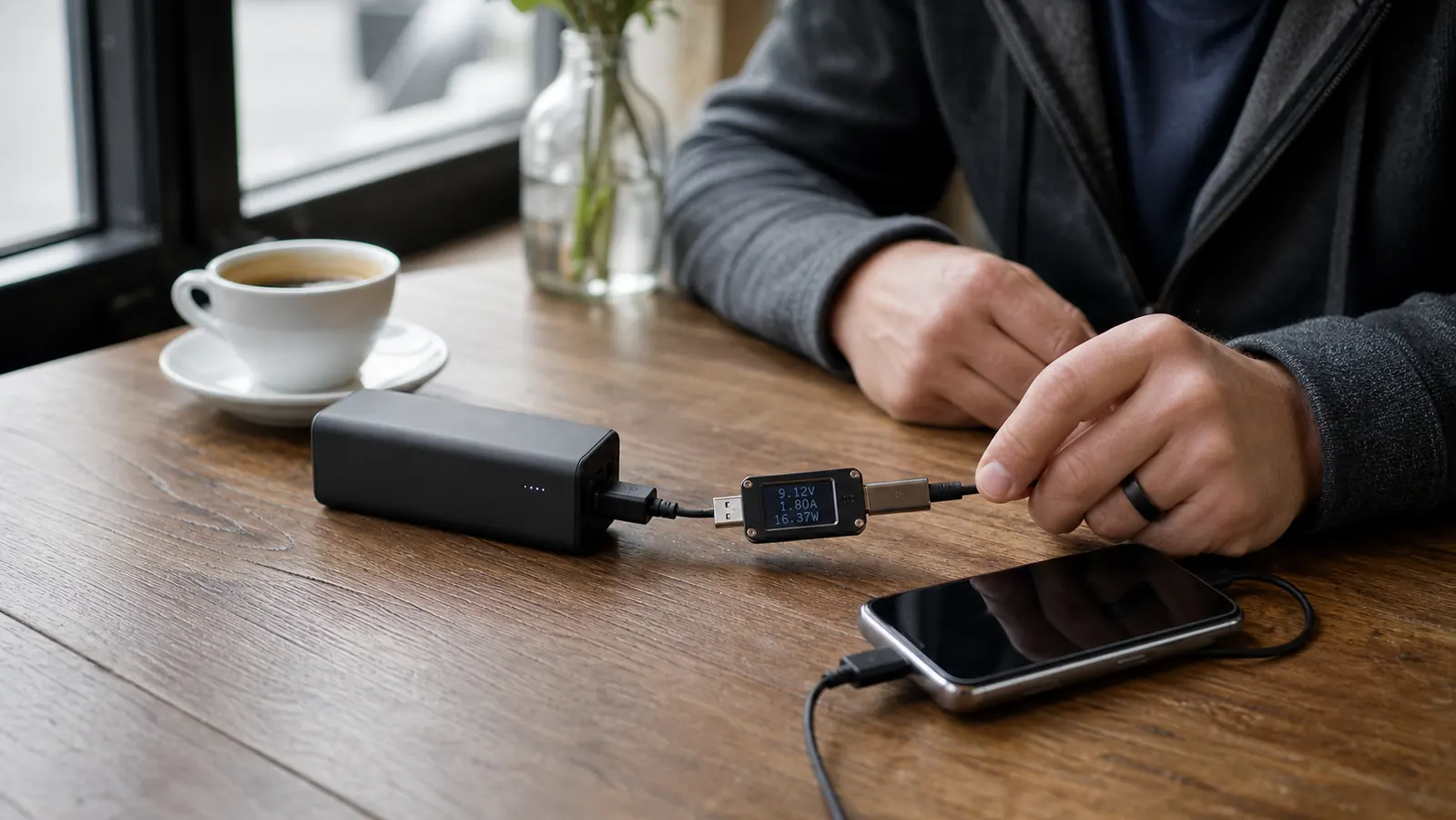 Portable charger connected to a USB power meter on a cafe table with a phone charging cable