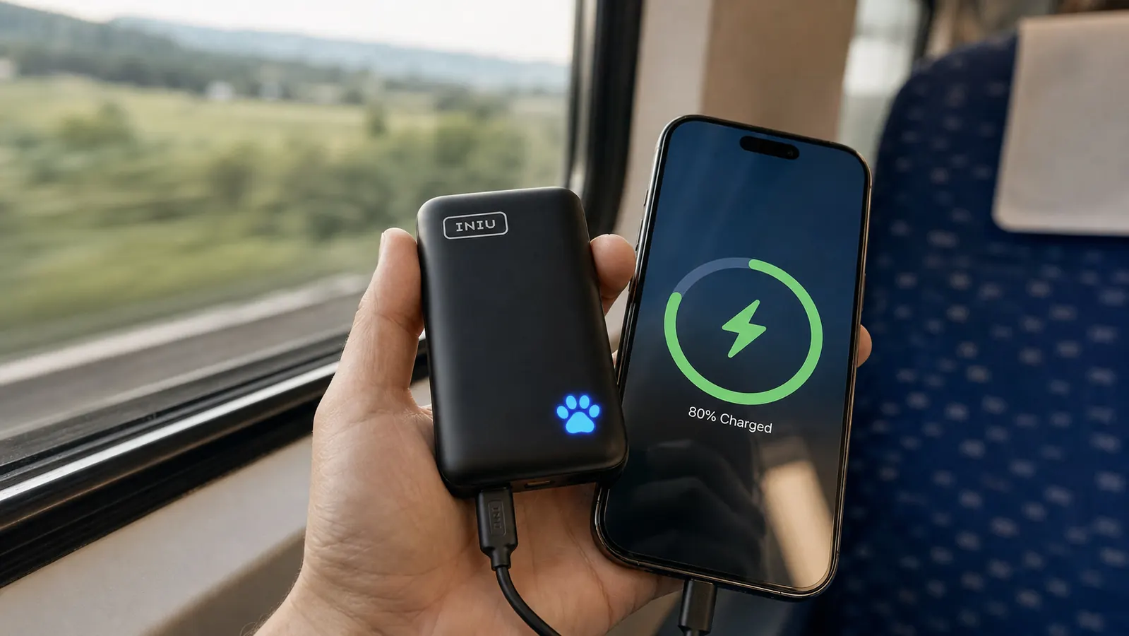 Hand holding a compact black INIU power bank connected to a smartphone by a USB-C cable on a train tray table
