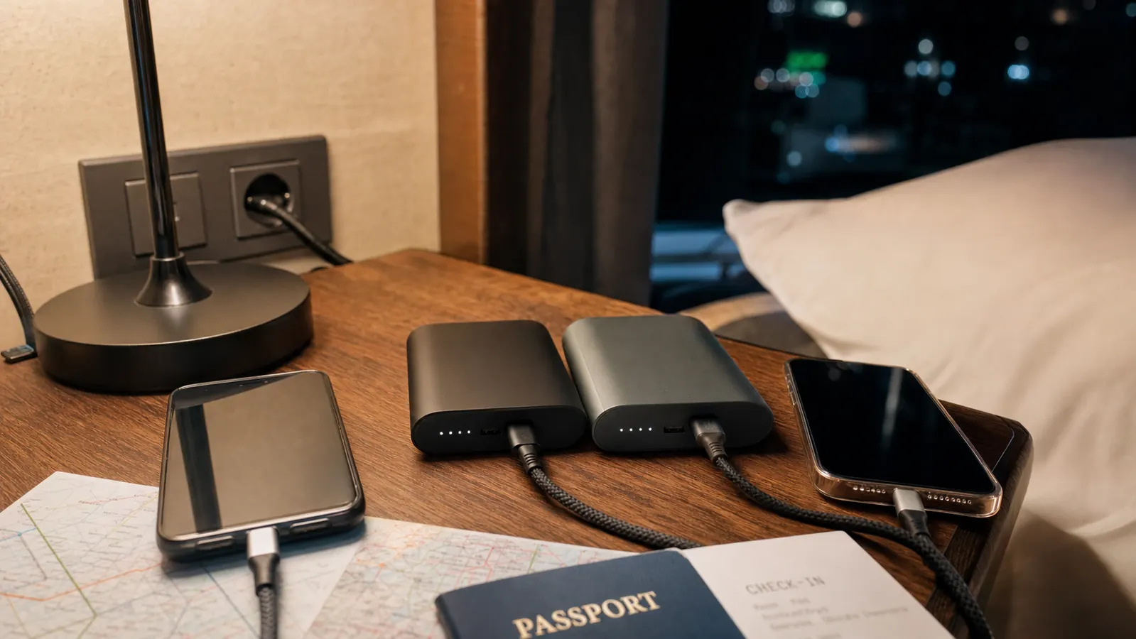 Two black portable chargers sitting side by side on a wooden desk, each connected to a phone by a charging cable