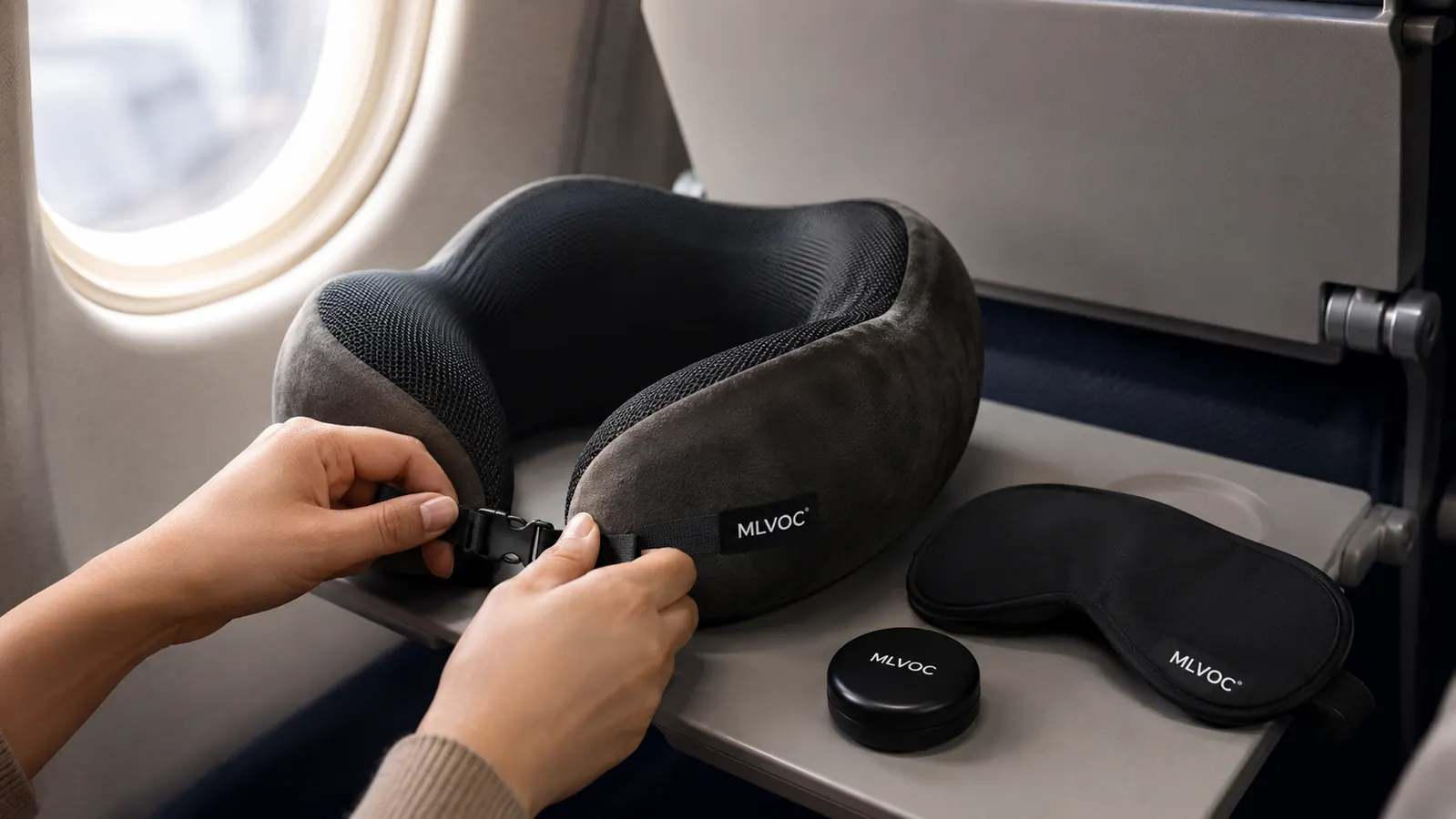 Hand adjusting the strap on an MLVOC neck pillow with the eye mask and earplugs kit laid out on an airplane tray table