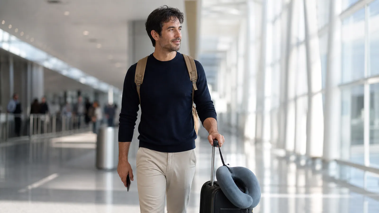 Traveler walking through an airport terminal with a neck pillow clipped to a carry-on bag