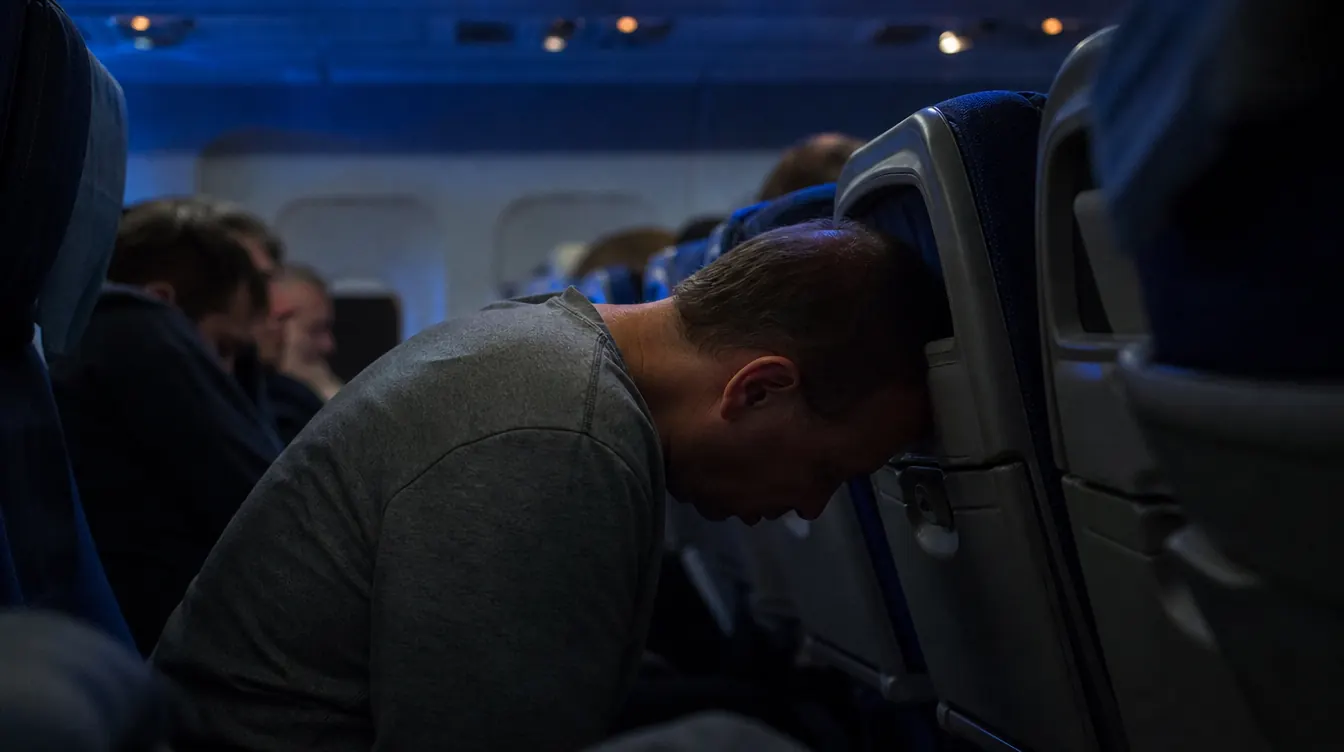 Exhausted traveler slumped upright in an airplane seat during a red-eye flight, cabin lights dimmed