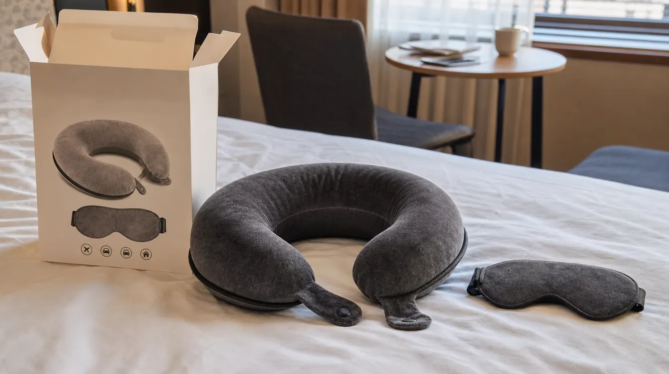 Close-up of a gray memory foam neck pillow resting open on a hotel bed next to its packaging, showing the actual texture up close
