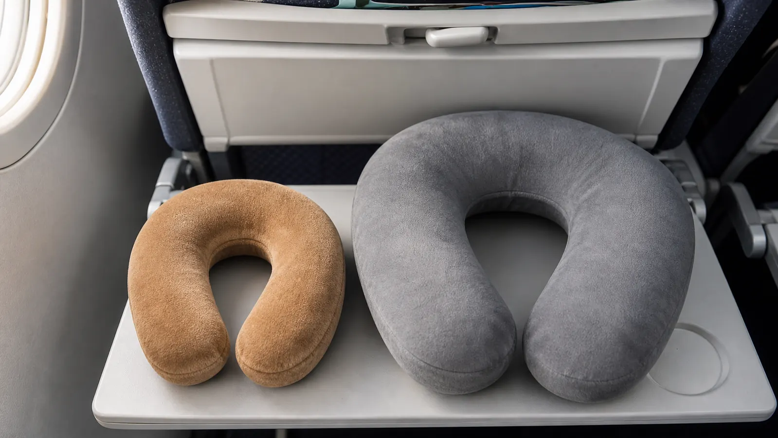 Two travel neck pillows side by side on an airplane tray table, a compact MLVOC pillow next to a bulkier Cabeau Evolution pillow