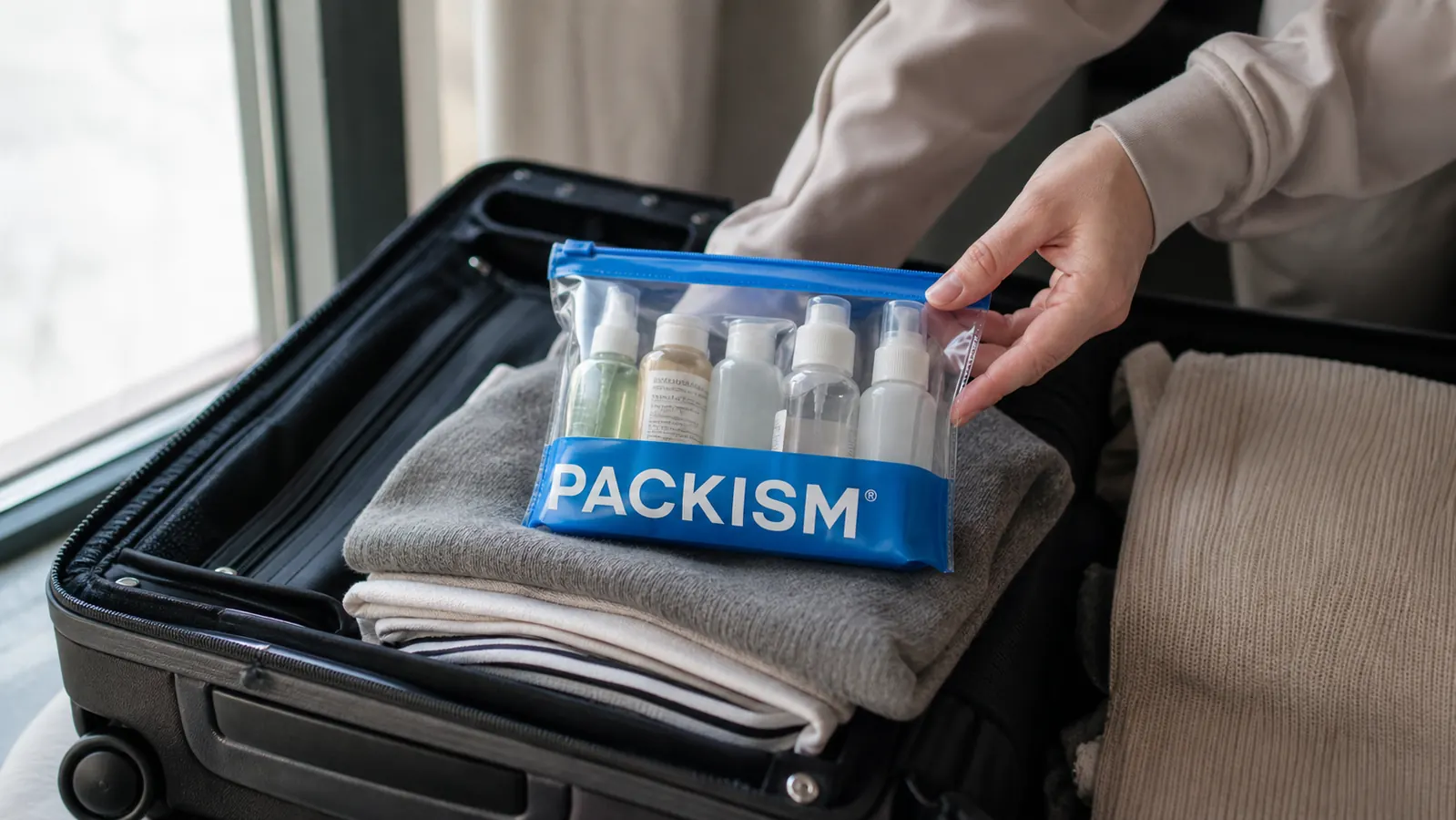 Hand zipping a clear PACKISM toiletry bag packed with travel-size bottles resting on top of folded clothes in a carry-on