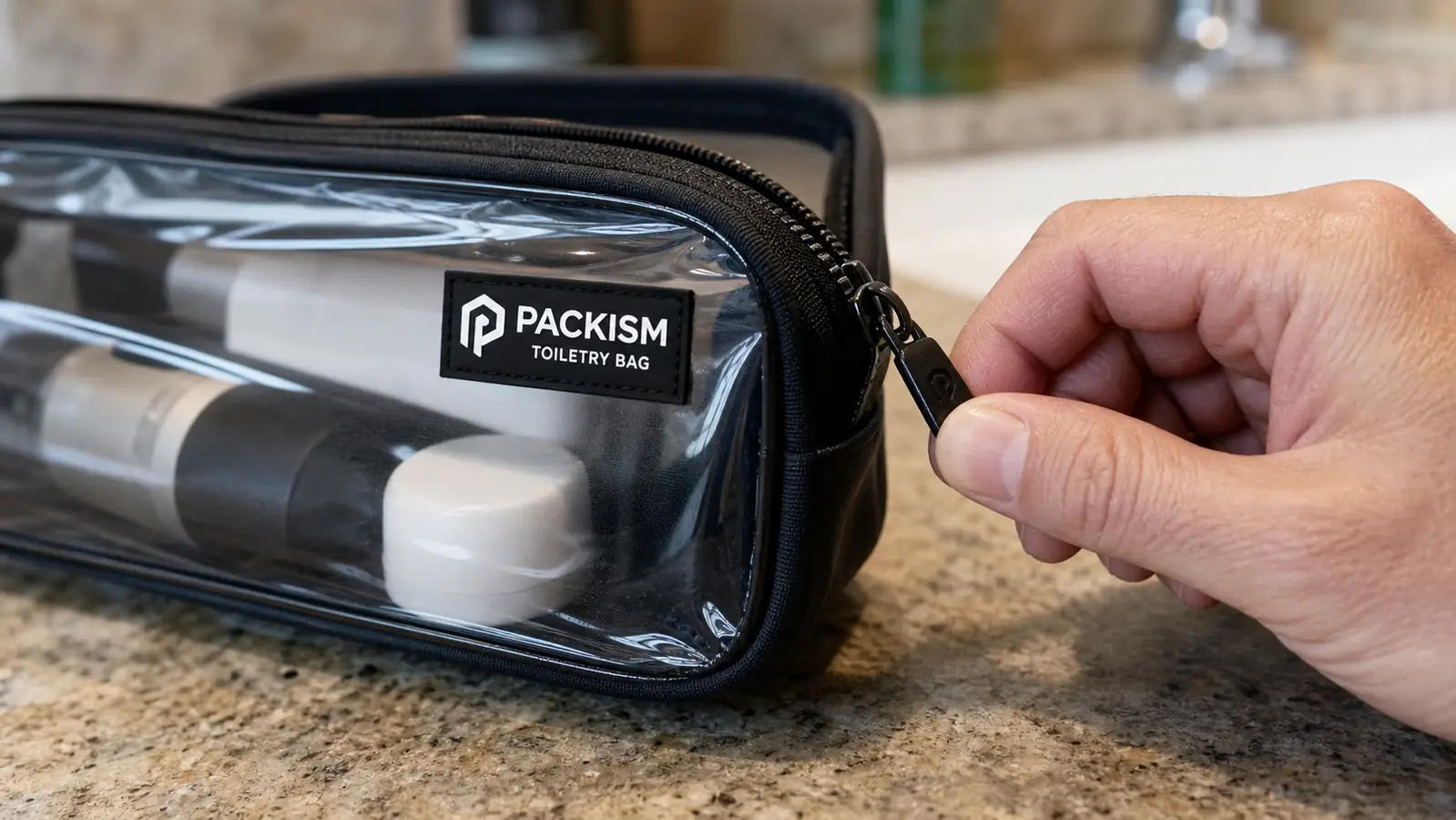 Hand pinching a zipper pull tab at the corner seam of a clear toiletry bag to show the exact stress point