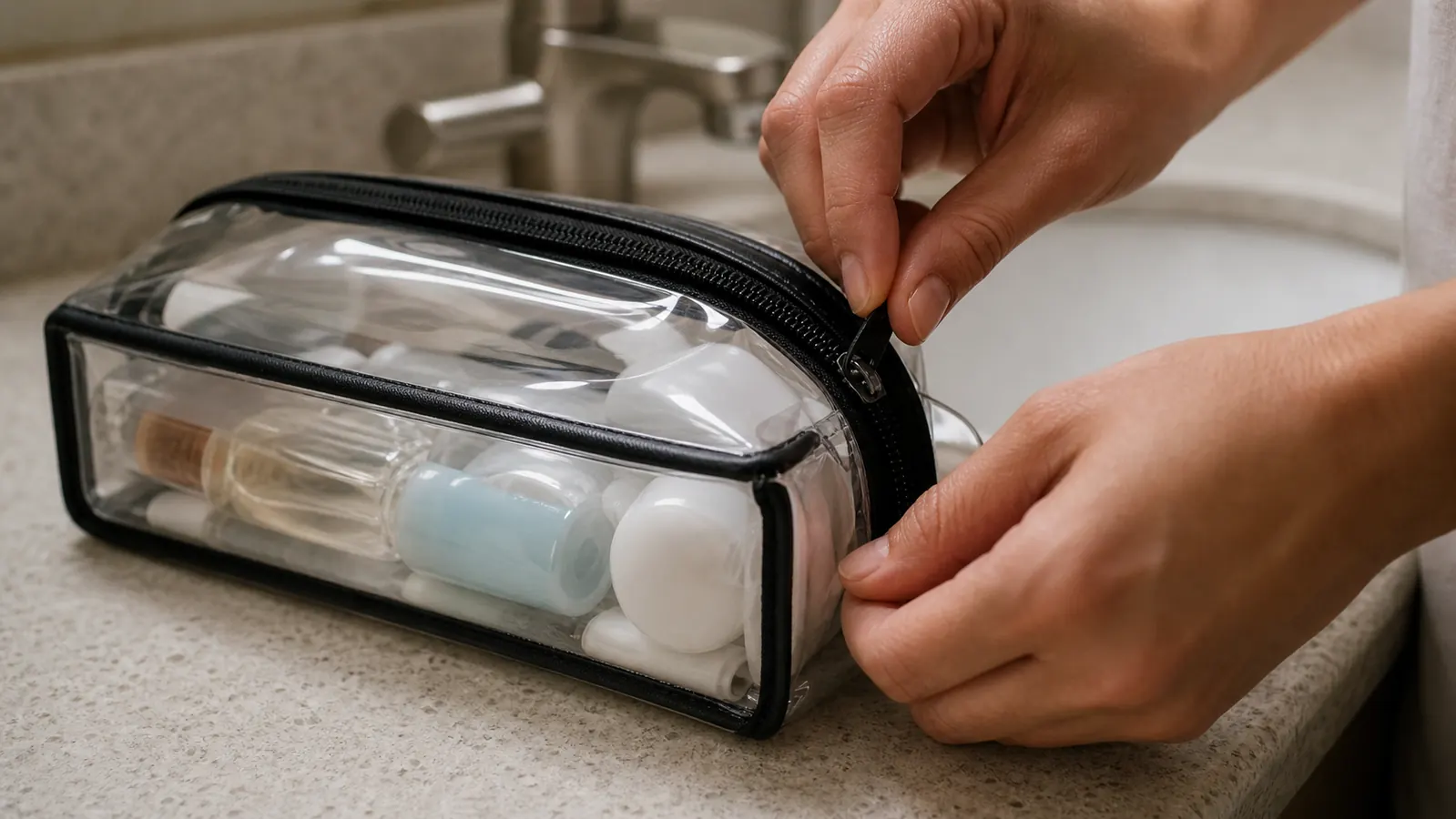 Close-up of a hand unzipping a clear toiletry bag at a bathroom sink with travel bottles visible inside
