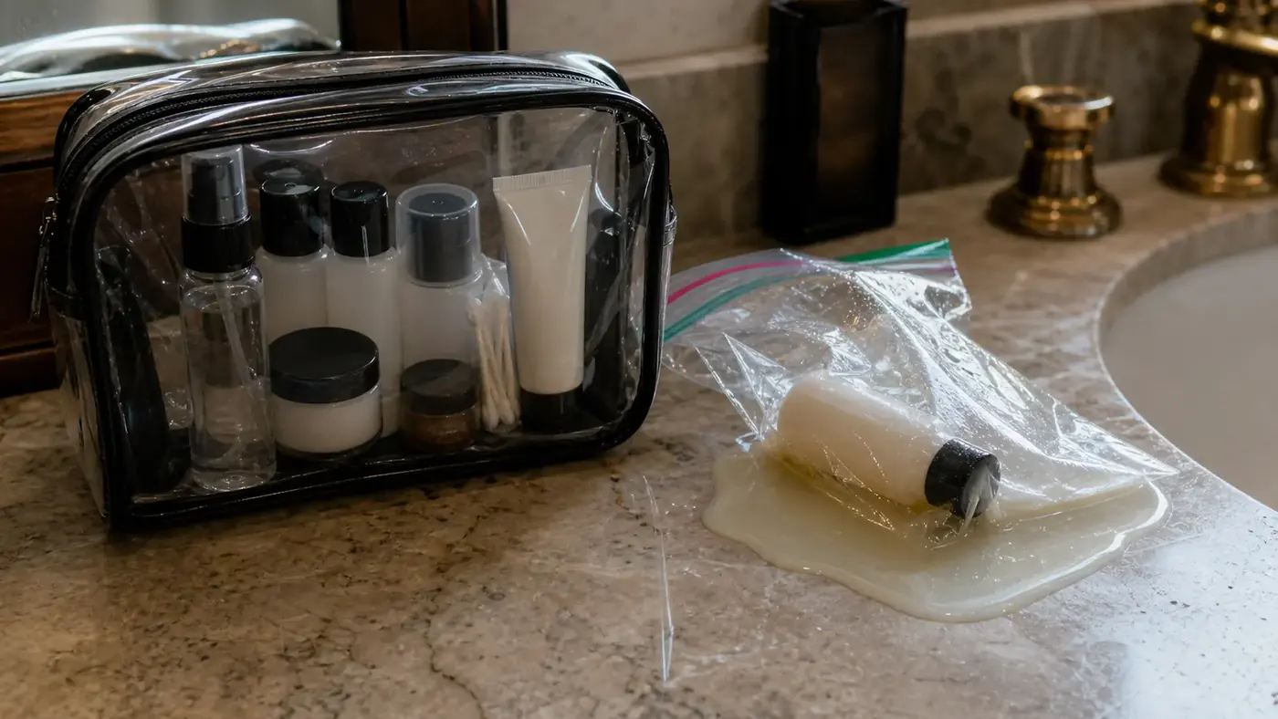 Clear quart-size toiletry bag packed with travel-size bottles next to a torn ziplock bag with shampoo leaking out the corner