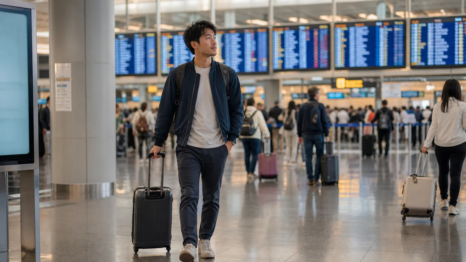 Traveler pulling a locked suitcase through an airport terminal toward the gate