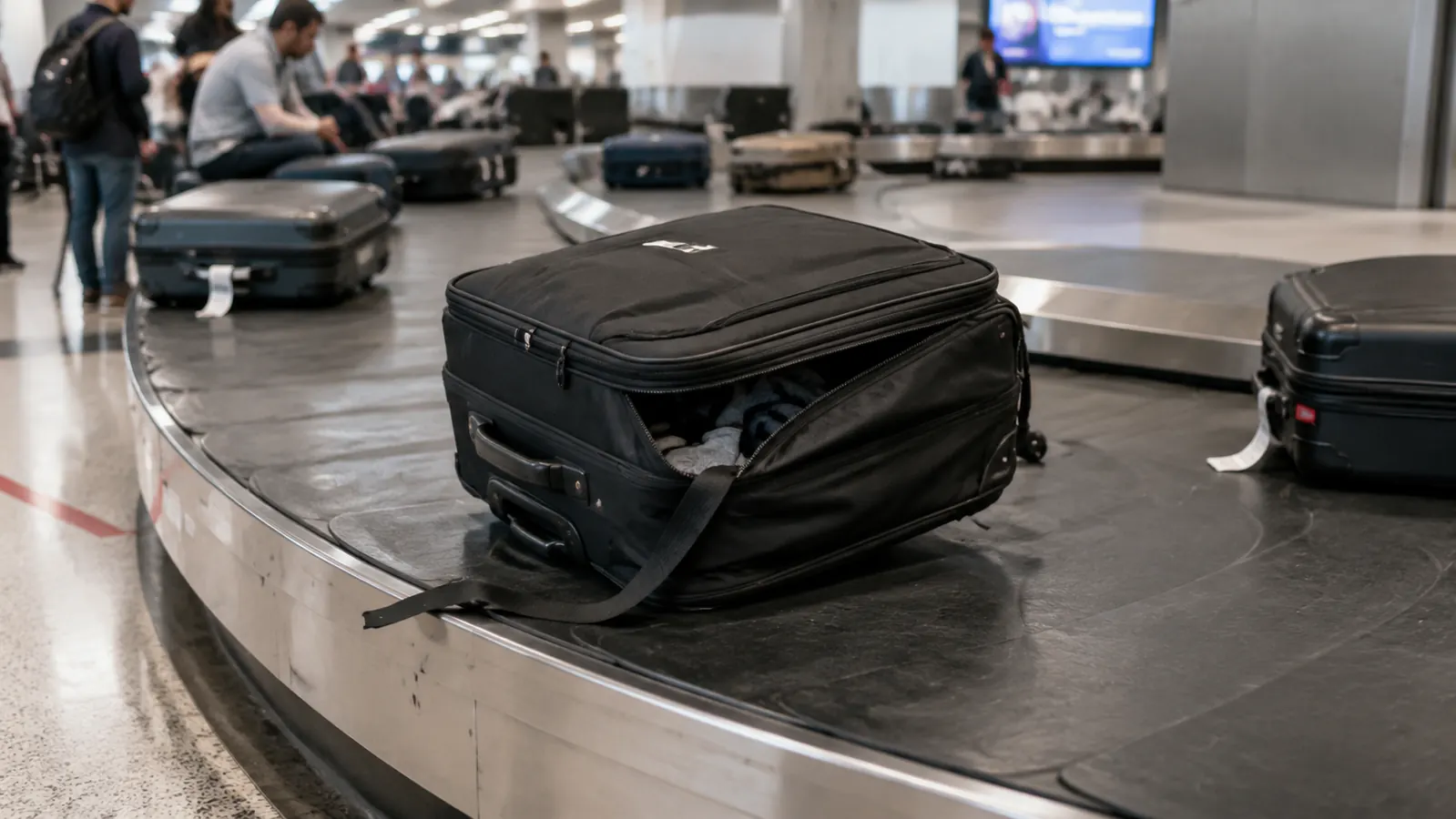 A checked suitcase coming around a baggage claim carousel with one zipper track hanging open