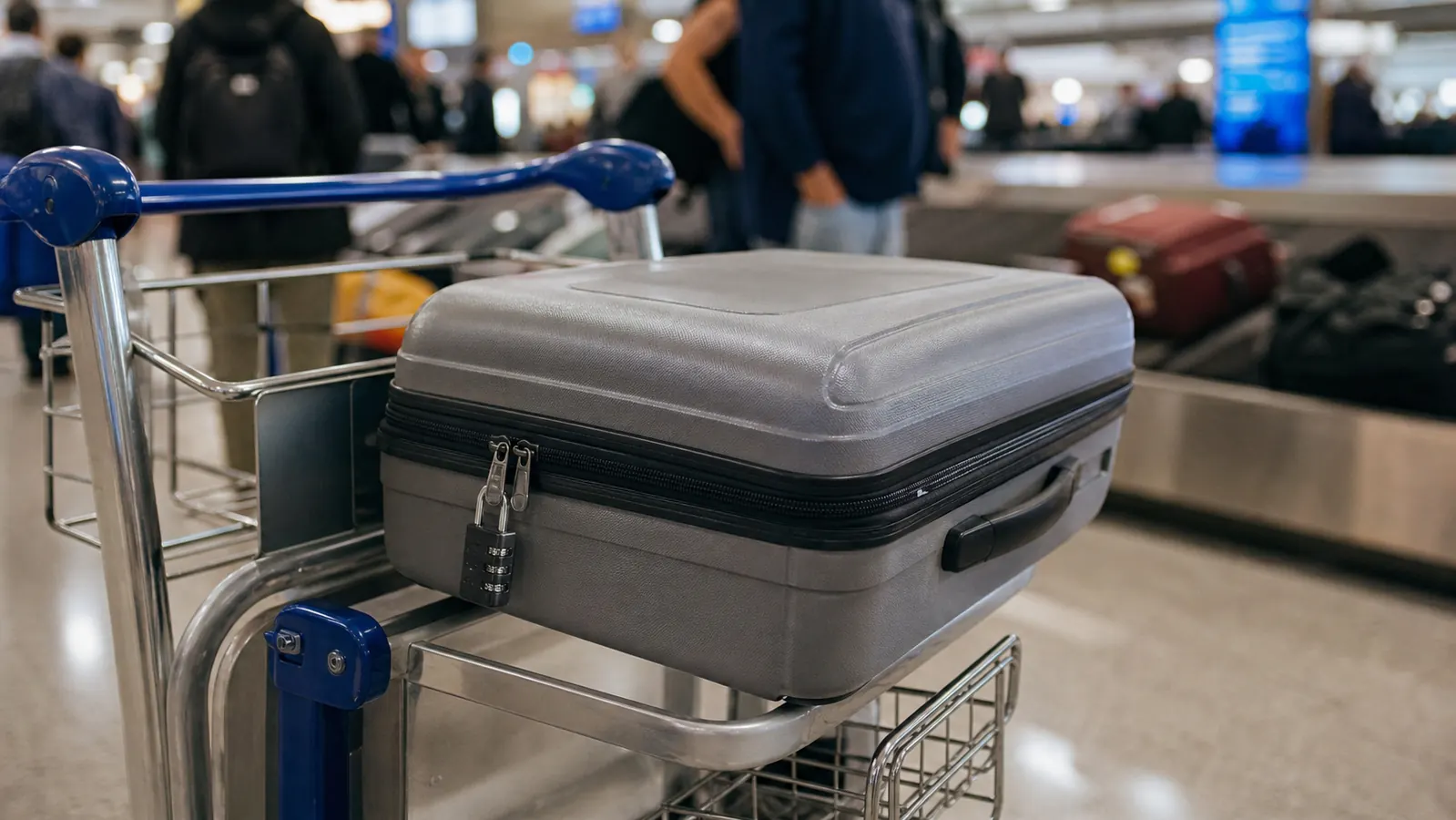 Checked suitcase on an airport baggage cart with a small brass-toned combination lock securing the main zipper