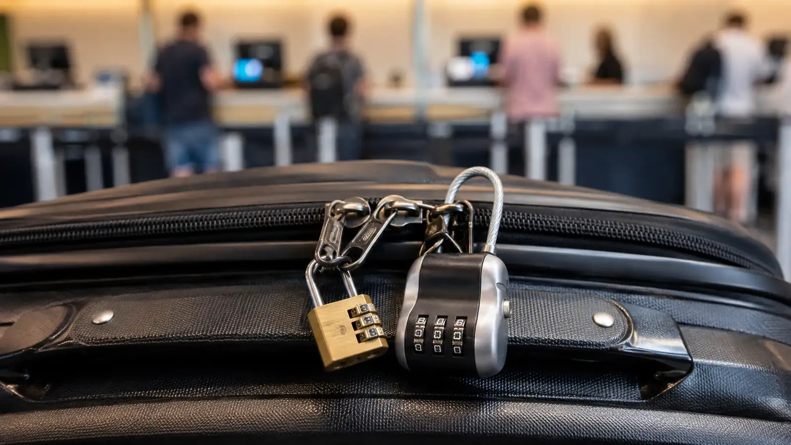 Two TSA-approved combination locks side by side on a suitcase zipper pull, a compact brass-toned SURE LOCK next to a bulkier cable-style Forge lock
